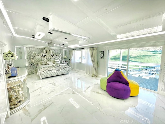 bedroom featuring beamed ceiling, access to outside, and coffered ceiling