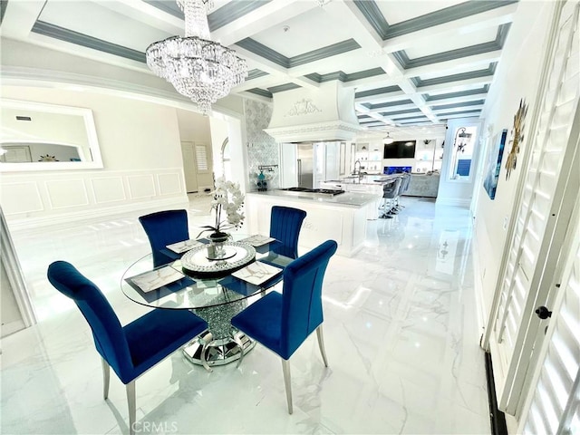 dining room featuring beam ceiling, crown molding, and coffered ceiling