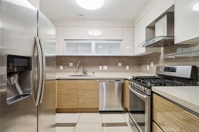 kitchen featuring white cabinets, wall chimney exhaust hood, sink, and stainless steel appliances