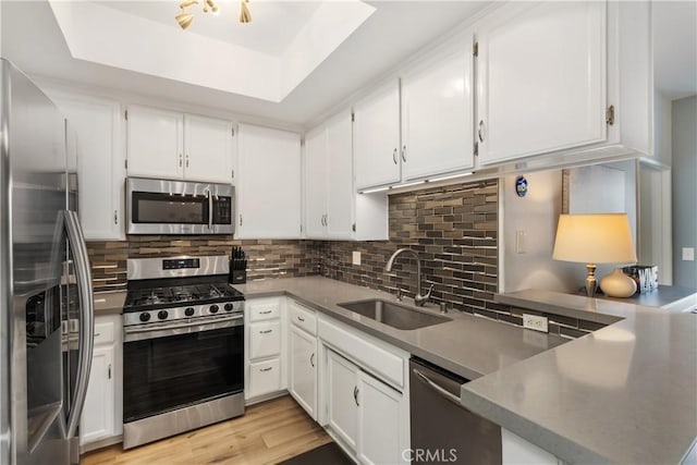 kitchen featuring white cabinetry, sink, stainless steel appliances, a raised ceiling, and light hardwood / wood-style floors