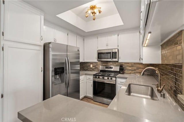 kitchen with white cabinets, sink, a raised ceiling, and stainless steel appliances