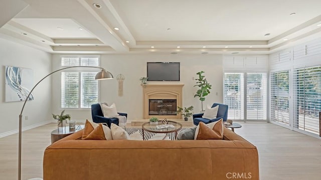 living room featuring light wood-type flooring and a tray ceiling