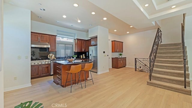 kitchen with backsplash, light hardwood / wood-style flooring, a kitchen island, and appliances with stainless steel finishes