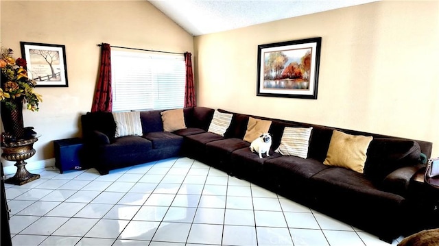 living room featuring light tile patterned floors and vaulted ceiling