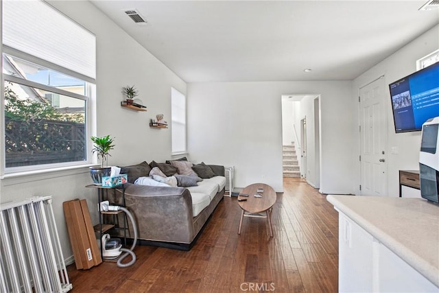 living room featuring dark hardwood / wood-style flooring and radiator heating unit