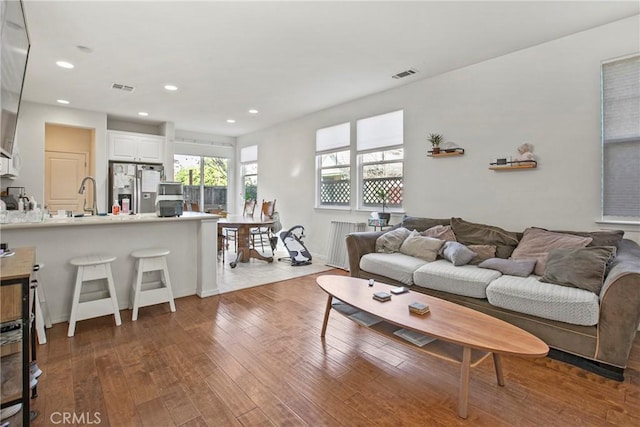 living room featuring wood-type flooring and sink