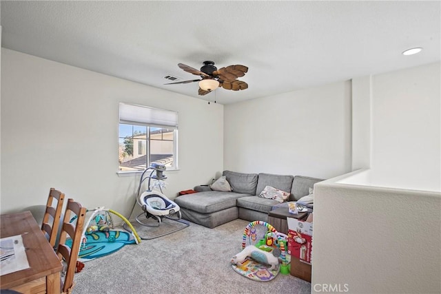 game room featuring ceiling fan and carpet floors