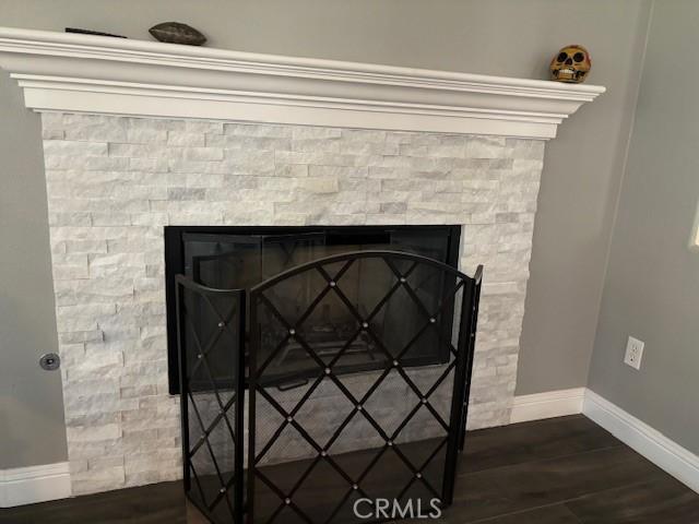 interior details with a stone fireplace and wood-type flooring