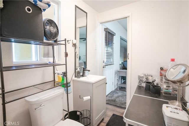 bathroom with toilet, hardwood / wood-style flooring, and vanity