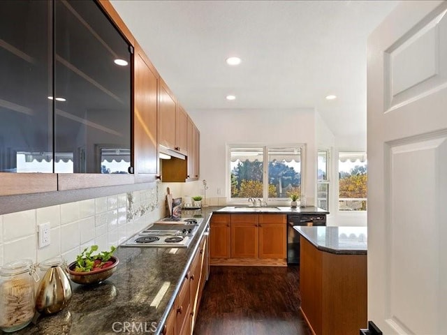 kitchen with plenty of natural light, stainless steel cooktop, under cabinet range hood, and dishwasher