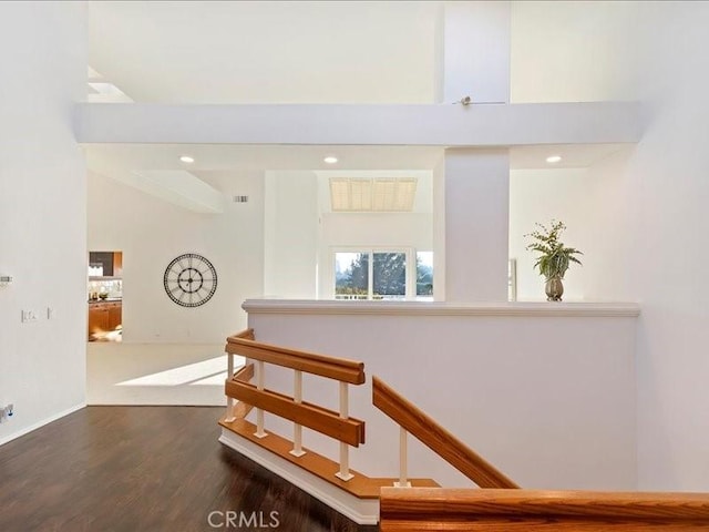 corridor featuring dark hardwood / wood-style floors and a high ceiling