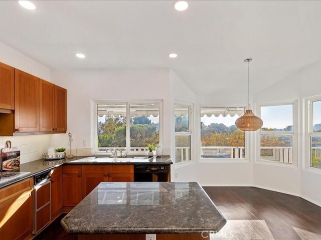 kitchen featuring black dishwasher, dark wood-style floors, a sink, and dark stone countertops
