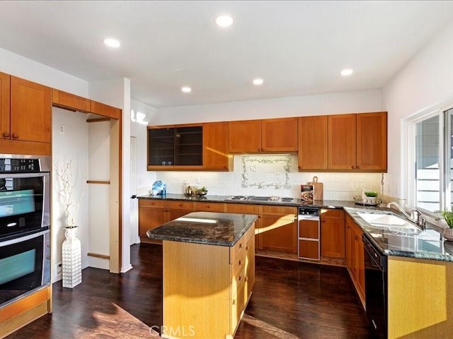 kitchen featuring decorative backsplash, dark wood finished floors, a sink, dark stone counters, and stainless steel appliances