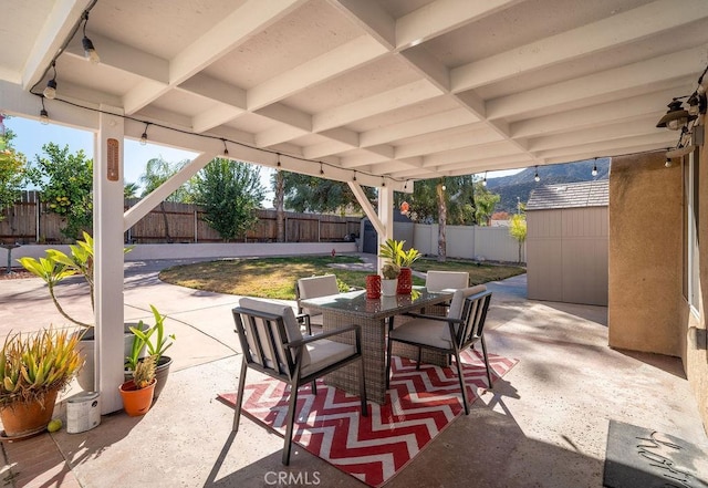 view of patio / terrace featuring a storage shed