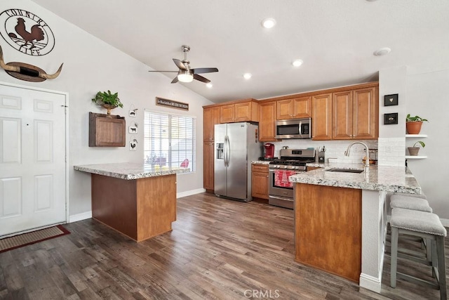 kitchen with kitchen peninsula, appliances with stainless steel finishes, dark hardwood / wood-style flooring, vaulted ceiling, and sink