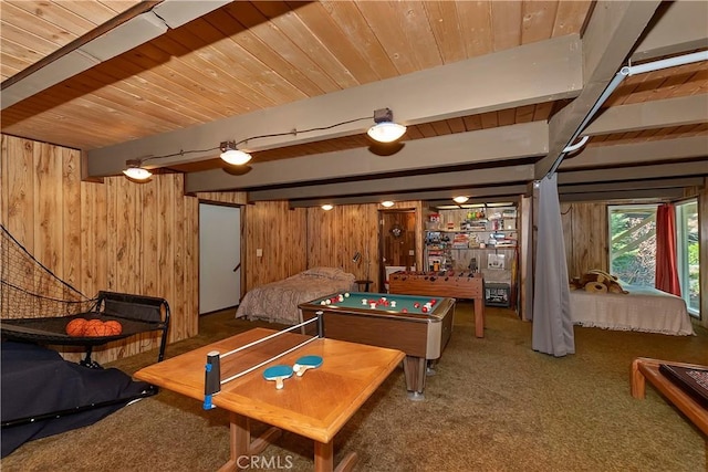 game room with carpet floors, wood walls, beamed ceiling, and wooden ceiling