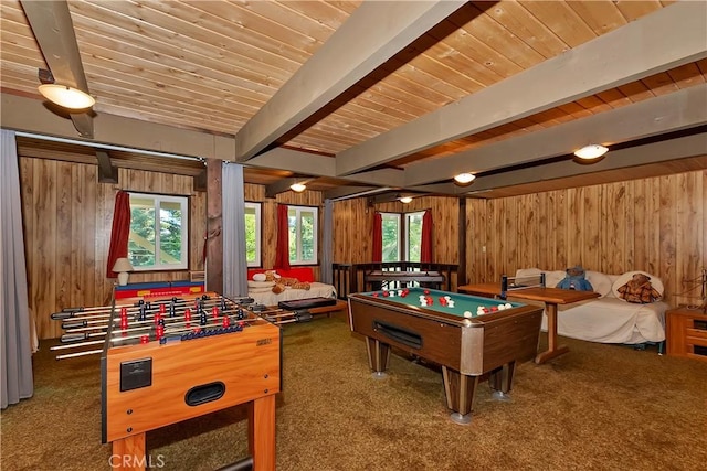 336 Jasmine Ln, Lake Arrowhead, CA 92352 - rec room featuring carpet flooring, beam ceiling, wood walls, wooden ceiling, and pool table
