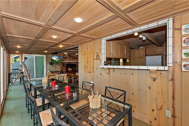 336 Jasmine Ln, Lake Arrowhead, CA 92352 - carpeted dining room with wooden ceiling and wood walls