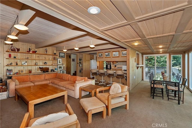 336 Jasmine Ln, Lake Arrowhead, CA 92352 - living room with wooden ceiling, wood walls, and carpet