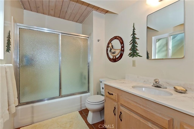 full bathroom featuring vanity, wooden ceiling, bath / shower combo with glass door, tile patterned flooring, and toilet