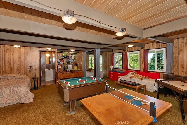 336 Jasmine Ln, Lake Arrowhead, CA 92352 - game room with wood walls, carpet flooring, beamed ceiling, and wood ceiling