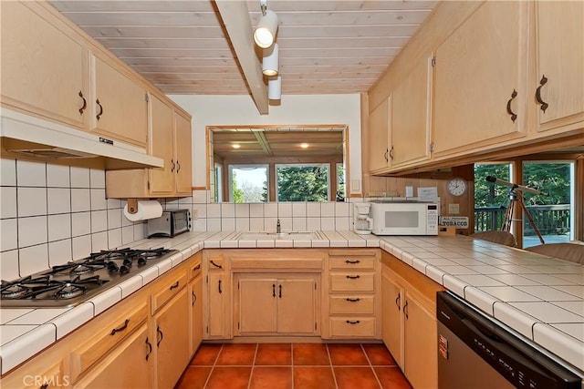 kitchen featuring backsplash, stainless steel appliances, light brown cabinets, dark tile patterned flooring, and tile counters