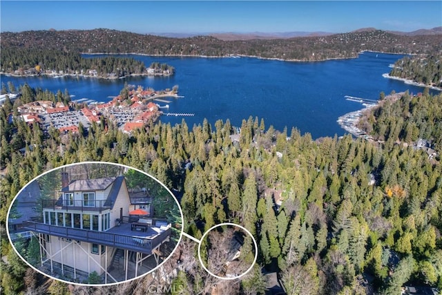 336 Jasmine Ln, Lake Arrowhead, CA 92352 - aerial view with a water and mountain view and a view of trees