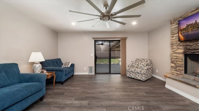 145 Carlota Way, Riverside, CA 92507 - living room with a stone fireplace, a ceiling fan, wood finished floors, and recessed lighting