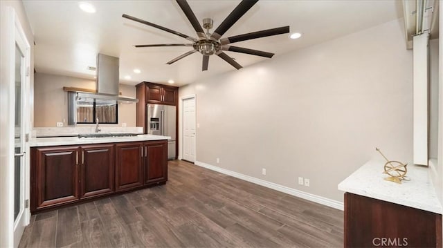 145 Carlota Way, Riverside, CA 92507 - kitchen with appliances with stainless steel finishes, island exhaust hood, dark wood-type flooring, ceiling fan, and recessed lighting