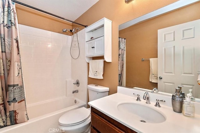 full bathroom featuring toilet, vanity, and shower / bath combination with curtain