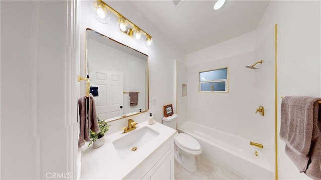 full bathroom featuring toilet, vanity, vaulted ceiling, and tub / shower combination