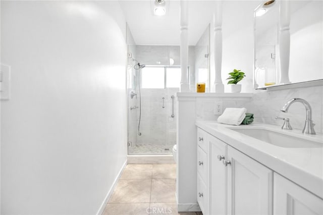 bathroom featuring backsplash, vanity, tile patterned flooring, toilet, and a shower with shower door