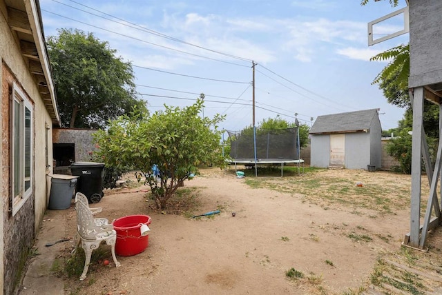 view of yard featuring a storage unit and a trampoline