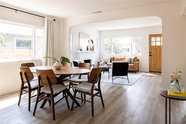 dining space with light hardwood / wood-style flooring