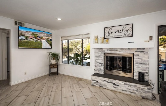 unfurnished living room featuring a fireplace and crown molding