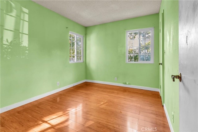 empty room with a textured ceiling, light hardwood / wood-style floors, and a wealth of natural light