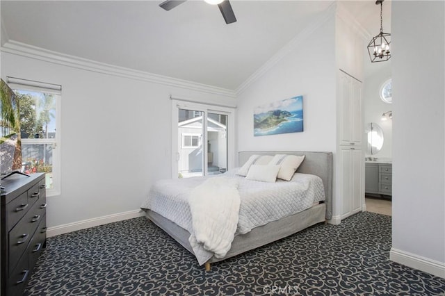 bedroom featuring ornamental molding, ceiling fan with notable chandelier, dark colored carpet, high vaulted ceiling, and connected bathroom