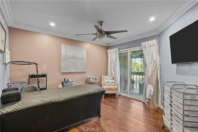 bedroom featuring access to outside, ceiling fan, ornamental molding, and dark hardwood / wood-style floors