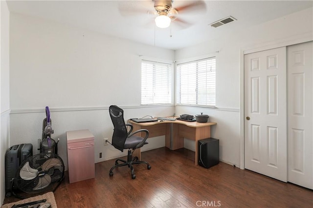 office with ceiling fan and dark hardwood / wood-style flooring