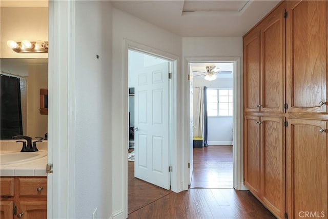 corridor with dark hardwood / wood-style flooring and sink