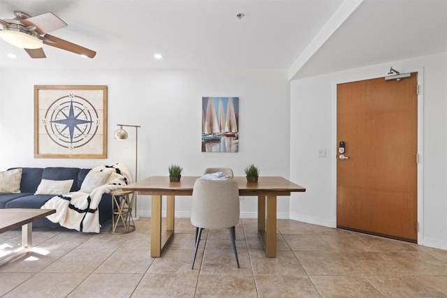 interior space featuring ceiling fan and light tile patterned floors