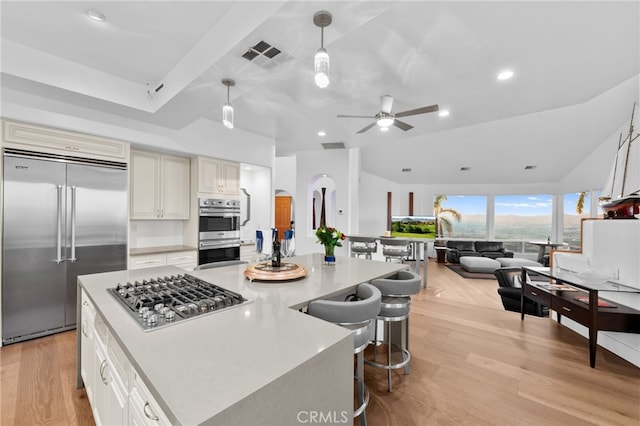 kitchen featuring pendant lighting, a center island, stainless steel appliances, and light hardwood / wood-style floors