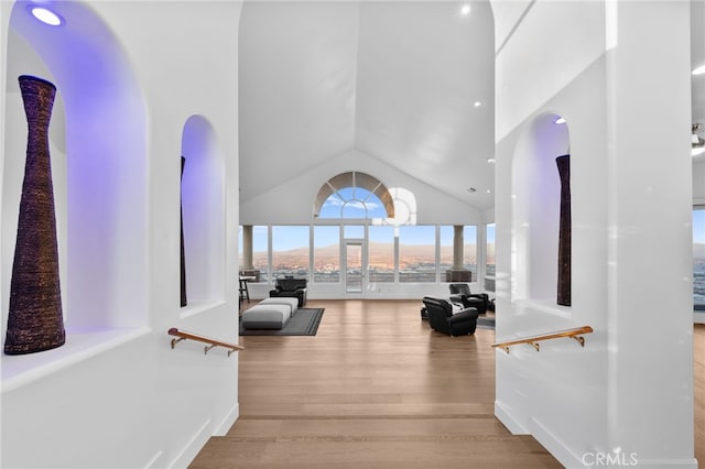 interior space featuring light wood-type flooring and high vaulted ceiling