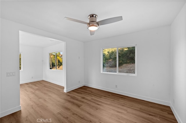 empty room featuring ceiling fan and light wood-type flooring