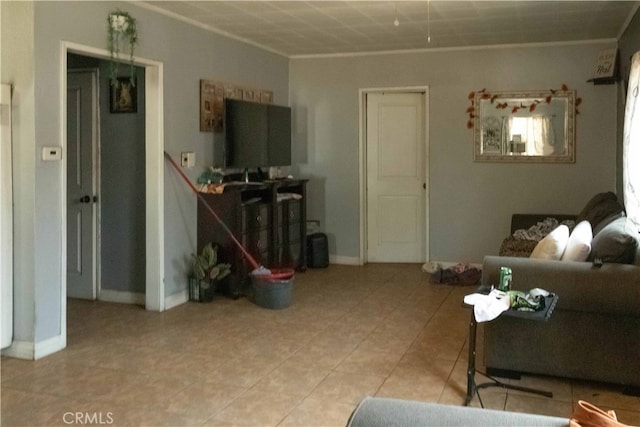 tiled living room with ornamental molding