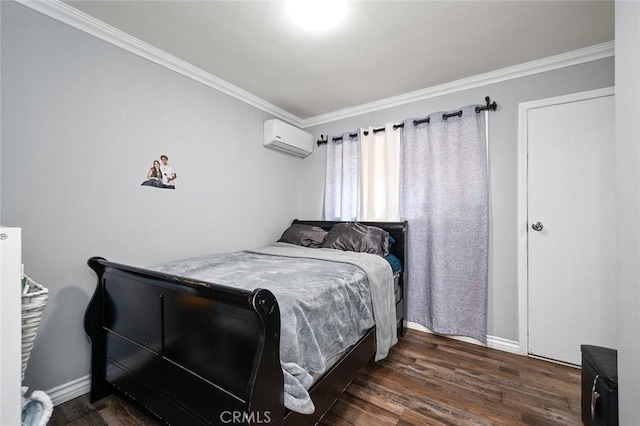 bedroom featuring a wall unit AC, crown molding, and dark hardwood / wood-style flooring