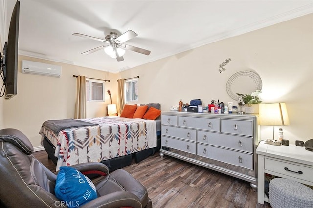 bedroom with ceiling fan, dark hardwood / wood-style flooring, ornamental molding, and a wall mounted AC