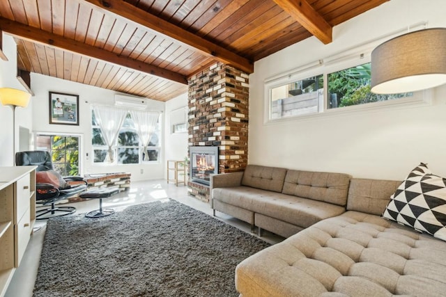 living room with a fireplace, wooden ceiling, beam ceiling, and a wall unit AC