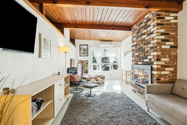 living room with an AC wall unit, beam ceiling, wood ceiling, and a fireplace