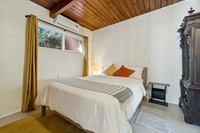 bedroom featuring wooden ceiling, beam ceiling, and a wall mounted air conditioner